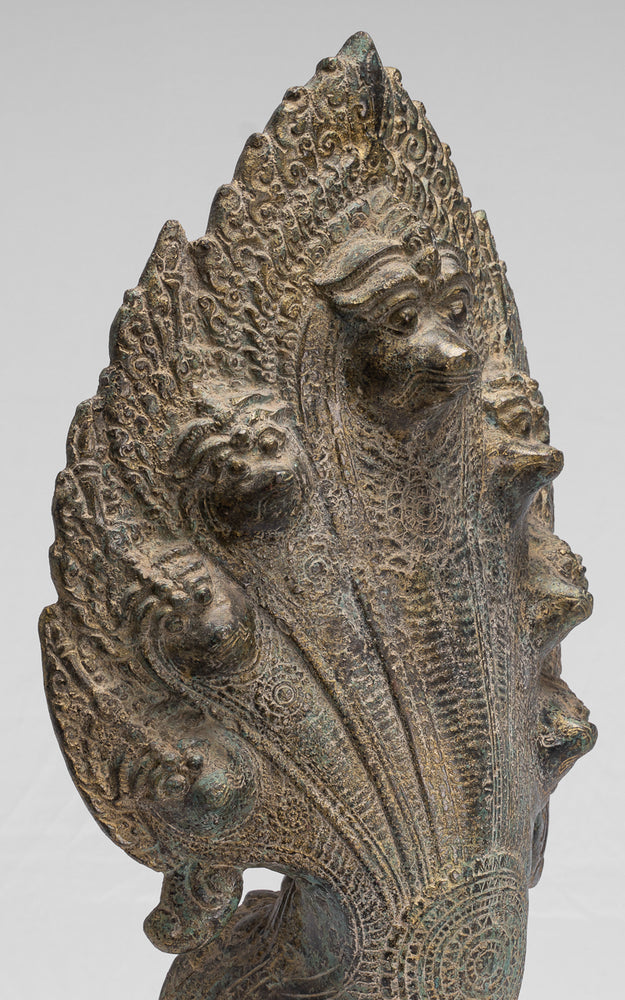 Naga-Statue – antike schützende Naga-, Schlangen- oder Schlangenstatue aus Bronze im Khmer-Stil – 54 cm.
