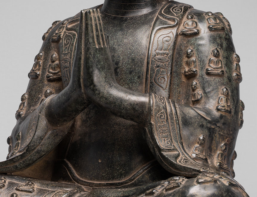 Buddha-Statue – antiker chinesischer Stil, sitzender Bronze-Viele-Buddha-Anbetungsbuddha – 89 cm/36 Zoll