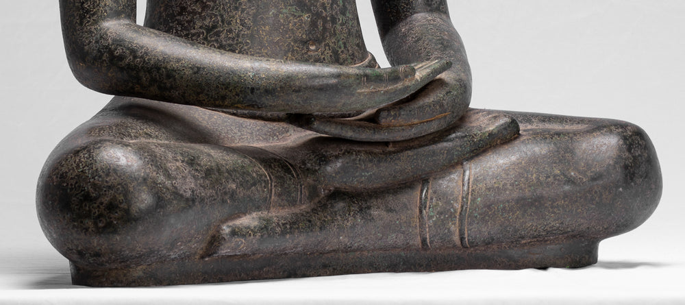 Estatua de Buda - Estatua de Buda de meditación Dvaravati de Bronce Sentado de Estilo tailandés Antiguo - 65 cm/26"