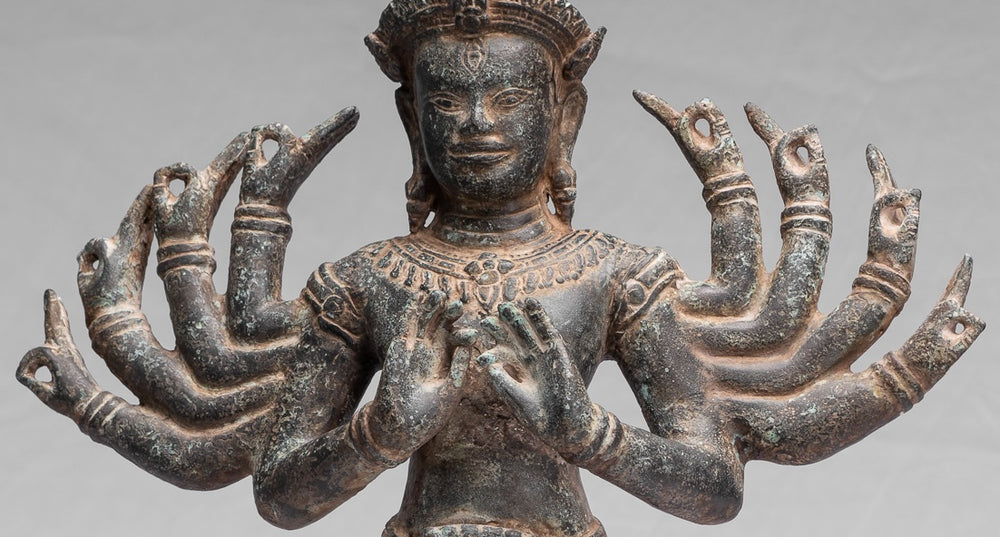 Shiva Statue - Antique Khmer Style Bronze Post-Bayon Ardhaparyanka Shiva - 10 Arms - 50cm/20"