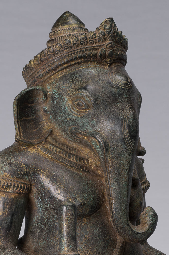 Ganesha Statue - Antique Khmer Style Post-Bayon Seated Ganesh Statue - 38cm/15"