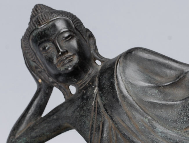 Buddha Statue - Antique Khmer Style SE Asia Bronze Reclining Nirvana Buddha Statue - 44cm/18" Long