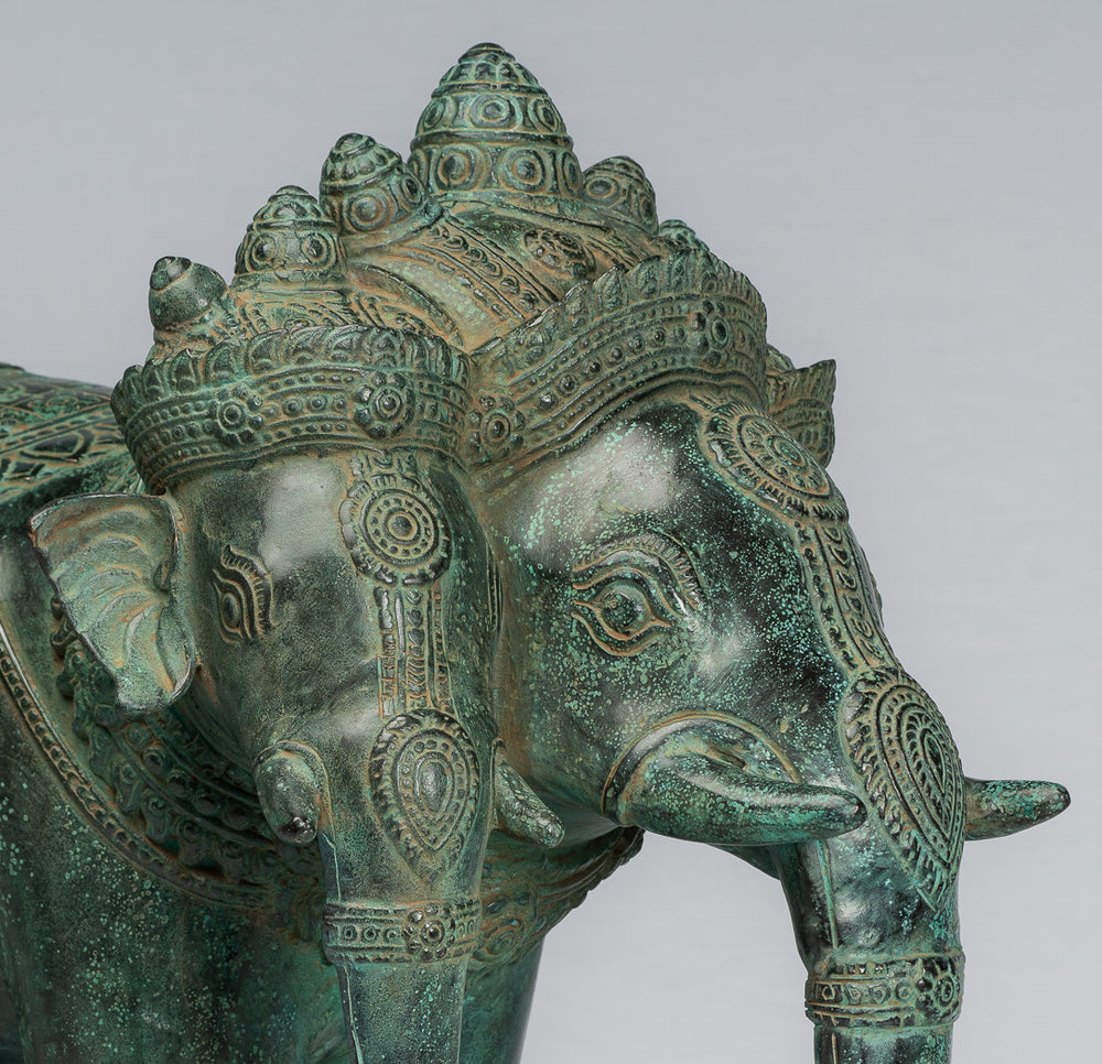 Statue d'Erawan Airavata ou éléphant en bronze antique de style khmer – 44 cm de haut