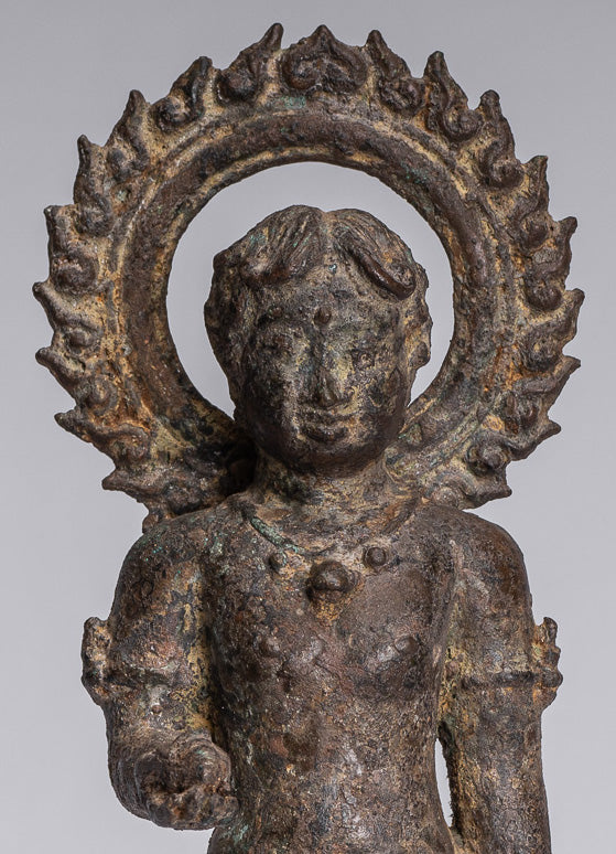 Statue de dévot - Statue de dévot javanais en bronze de style indonésien antique de Bouddha - 27 cm/11"