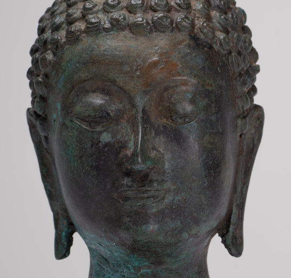 Buddha Head - Antique Thai Style Chiang Saen Mounted Bronze Buddha Head - 19cm/8"