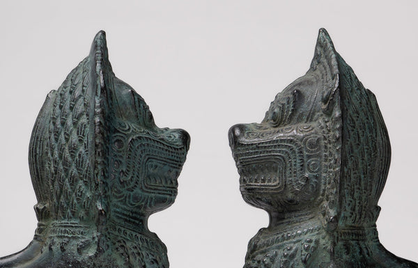 Temple Lions - Antique Khmer Style Bronze Standing Temple Guardian or Lions (Pair) - 29cm/12"