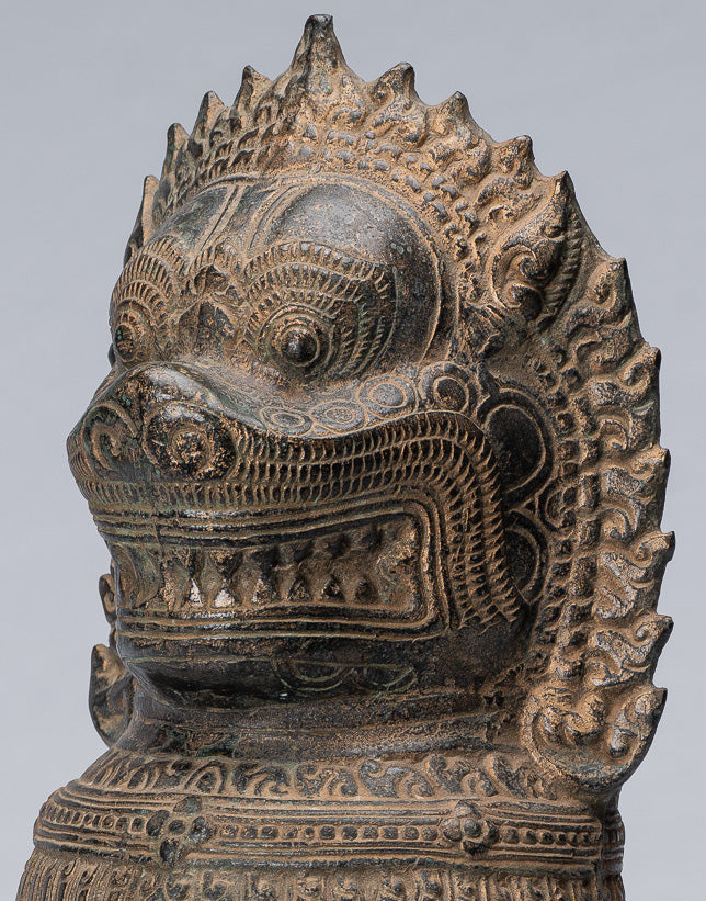 Temple Lion - Antique Khmer Style Bronze Standing Temple Guardian or Lion - 39cm/16"