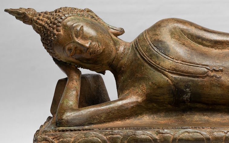 Statue de Bouddha – Statue de Bouddha Nirvana inclinable en bronze de style thaïlandais antique – 55 cm