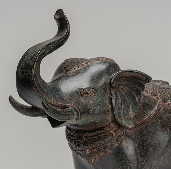 Elephant - Antique Khmer Style Bronze Standing Trumpeting Elephant Statue - 38cm/15" Tall