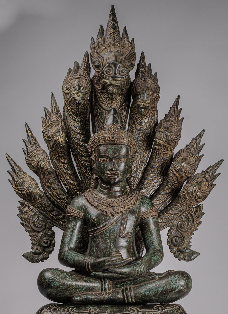 Estatua de Buda grande - Estilo de bayón antiguo Khmer Sentado Meditación Naga Buda - 114 cm/46 "