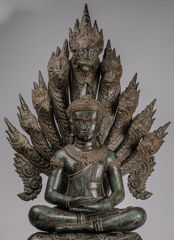 Large Buddha Statue - Antique Bayon Style Khmer Seated Bronze Naga Meditation Buddha - 114cm/46"