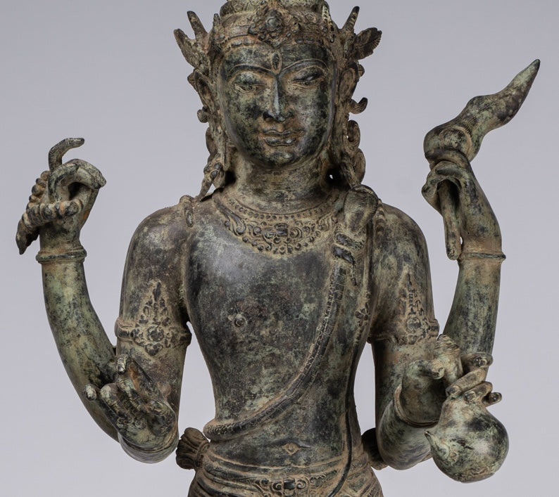 Shiva Statue - Antique Indonesian Style Bronze Javanese Standing 4-Arm Shiva Statue - 82cm/33"