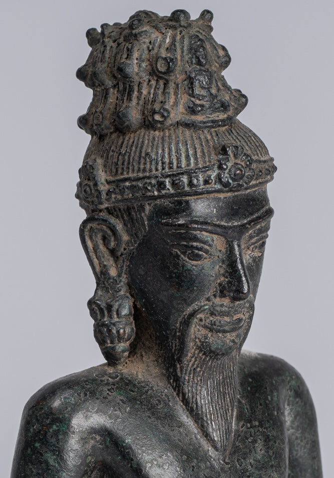 Rishi Statue - Antique Khmer Style Seated Bronze Rishi or Wise Man - 17cm/7"