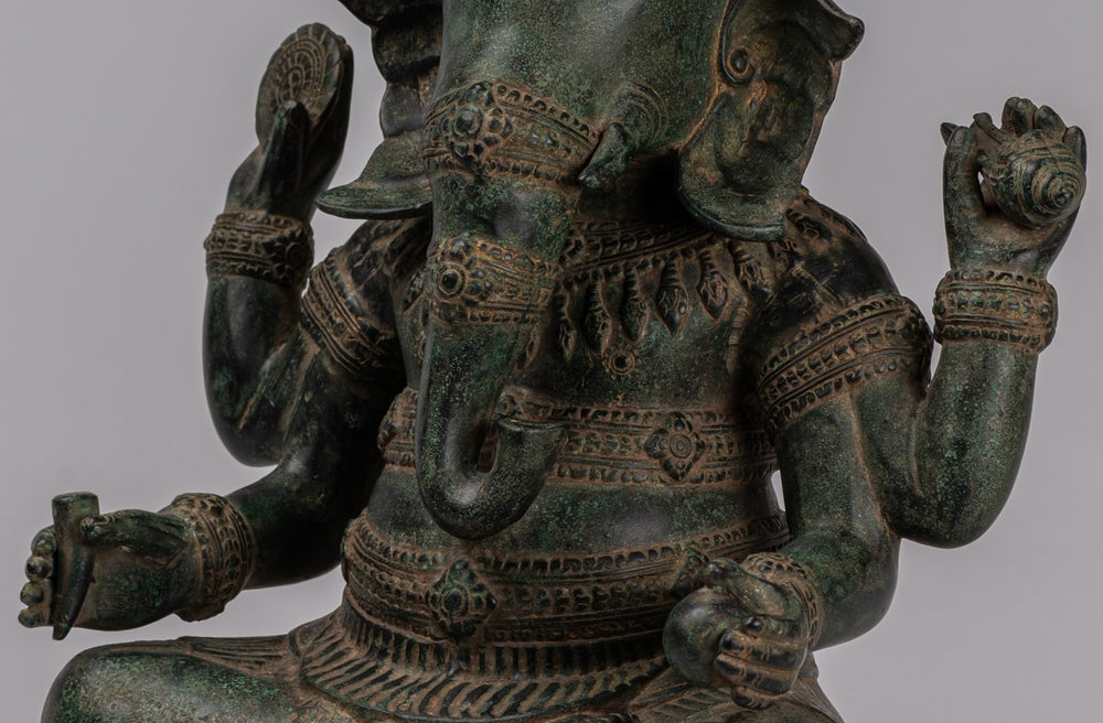 Ganesha Statue - Antique Khmer Style Angkor Wat Bronze Seated Four Arm Ganesh Statue - 38cm/15"