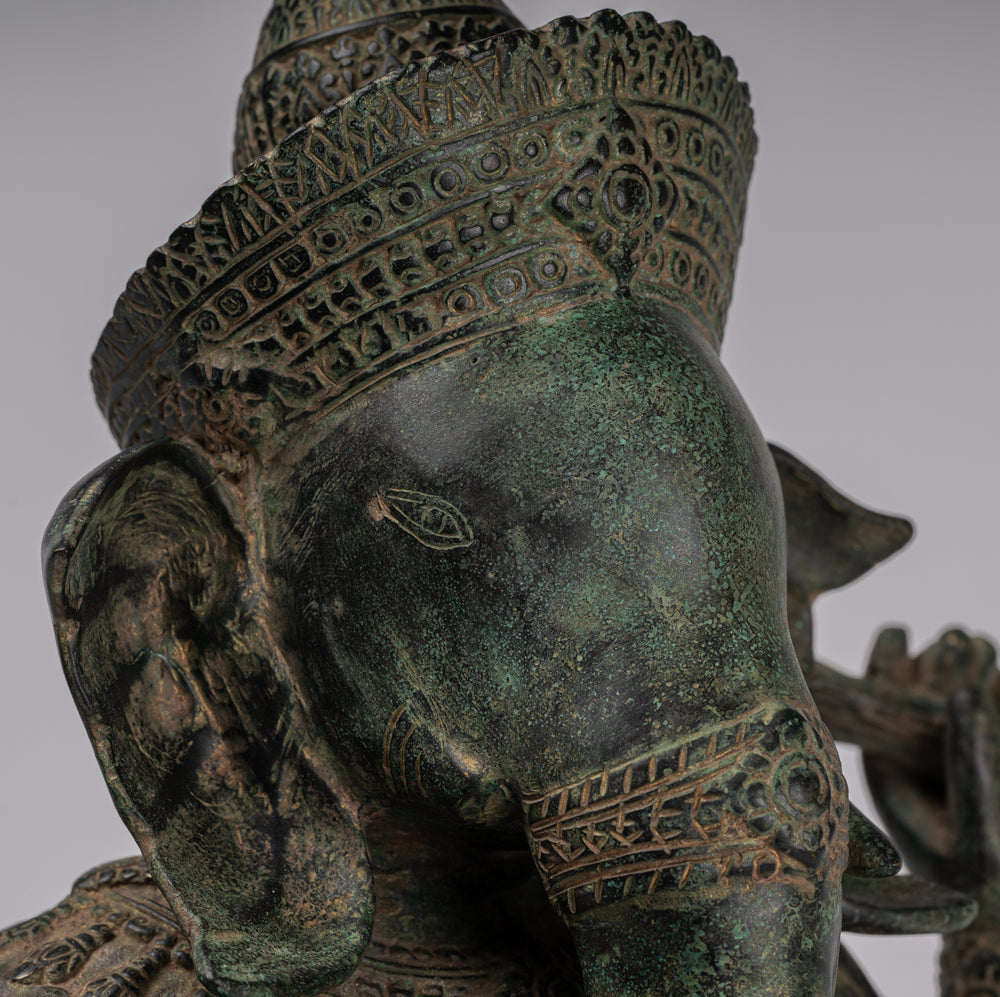 Ganesha Statue - Antique Khmer Style Angkor Wat Bronze Seated Four Arm Ganesh Statue - 38cm/15"