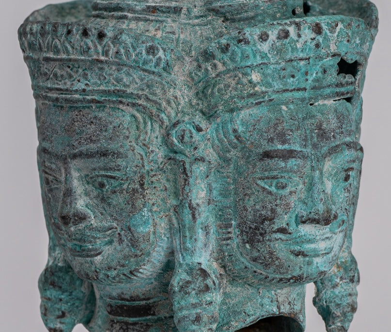 Brahma Statue - Antique Khmer Style Mounted Bronze Brahma Head - Hindu God Creation - 18cm/7"