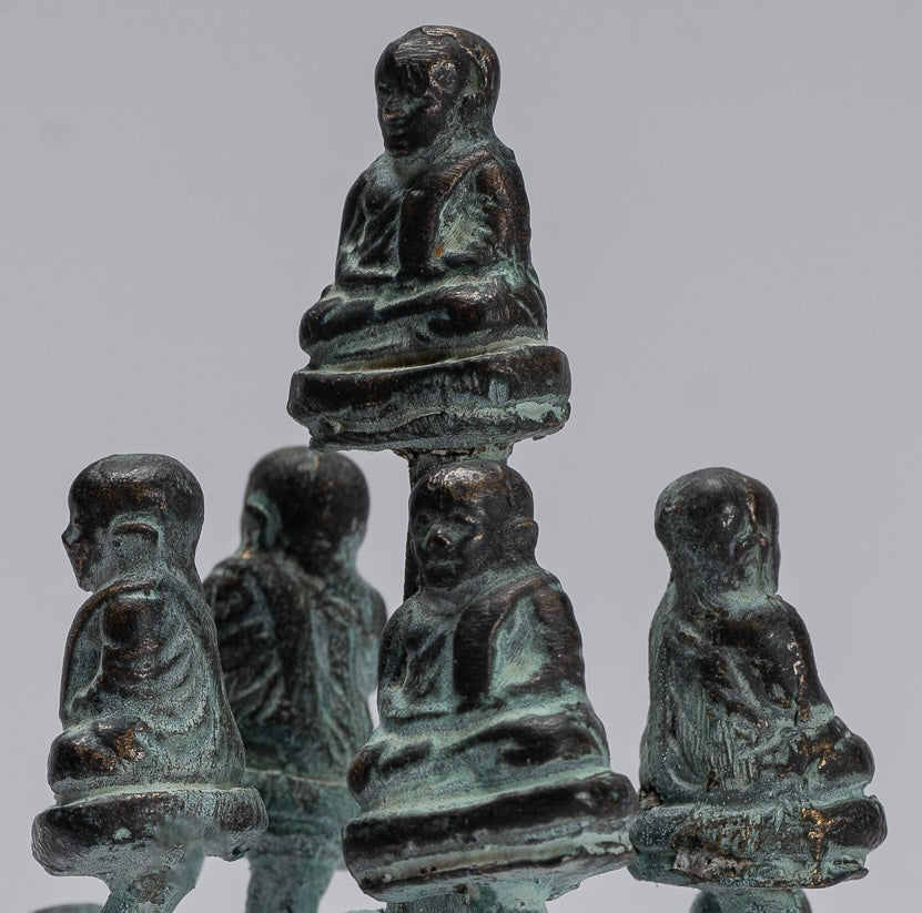 Buddha Sculpture - Antique Thai Style Bronze Bodhi Tree of Happy, Fat, Laughing Buddha Budai Statues - 13cm/5"