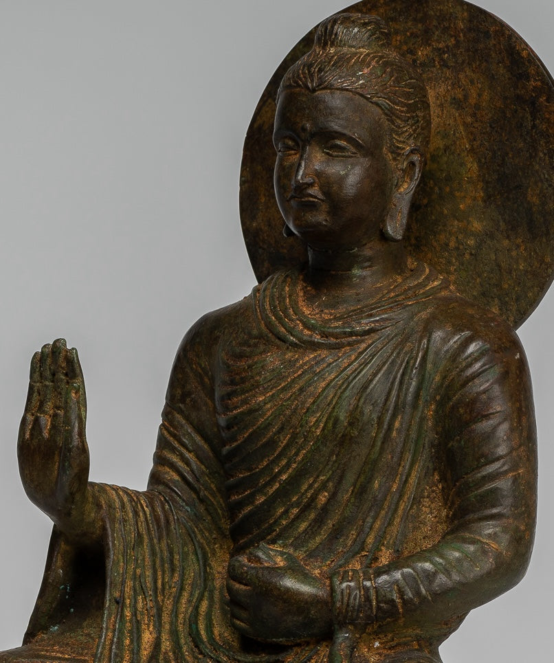 Statua di Buddha indiano - Statua di Buddha di protezione in bronzo antico in stile Gandhara - 34 cm/14"