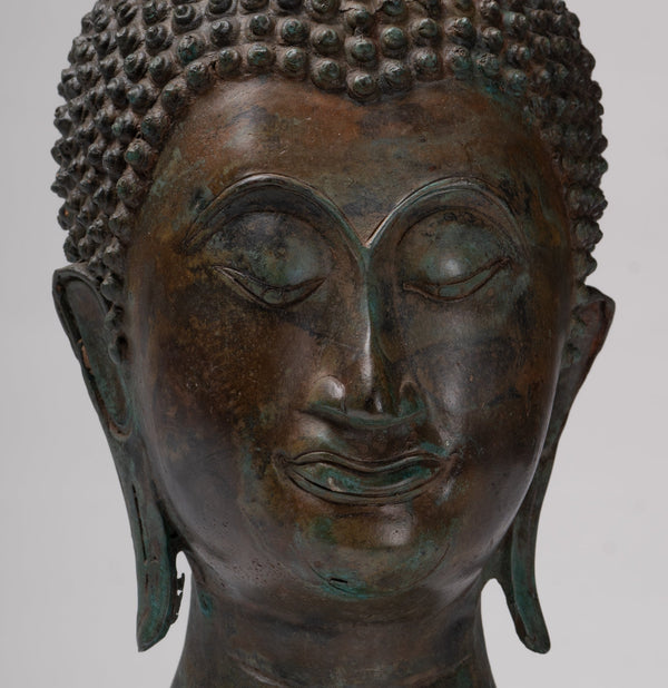 Buddha Head - Antique Thai Style Sukhothai Mounted Bronze Buddha Head - 38cm/15"
