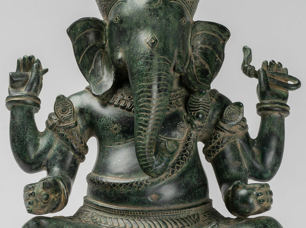 Ganesha Statue - Antique Khmer Style Angkor Wat Bronze Seated Four Arm Ganesh Statue - 40cm/16"