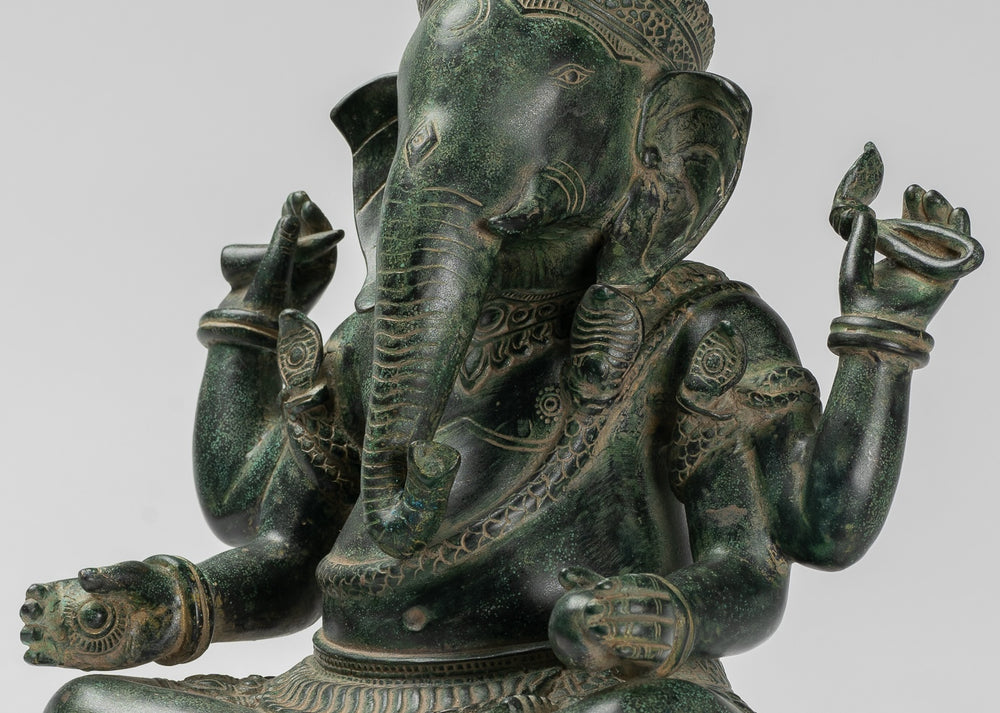 Ganesha Statue - Antique Khmer Style Angkor Wat Bronze Seated Four Arm Ganesh Statue - 40cm/16"