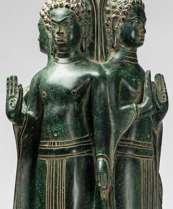 Statue de Bouddha debout à quatre voies en bronze de style khmer antique d'Asie du Sud-Est - 64 cm/26"