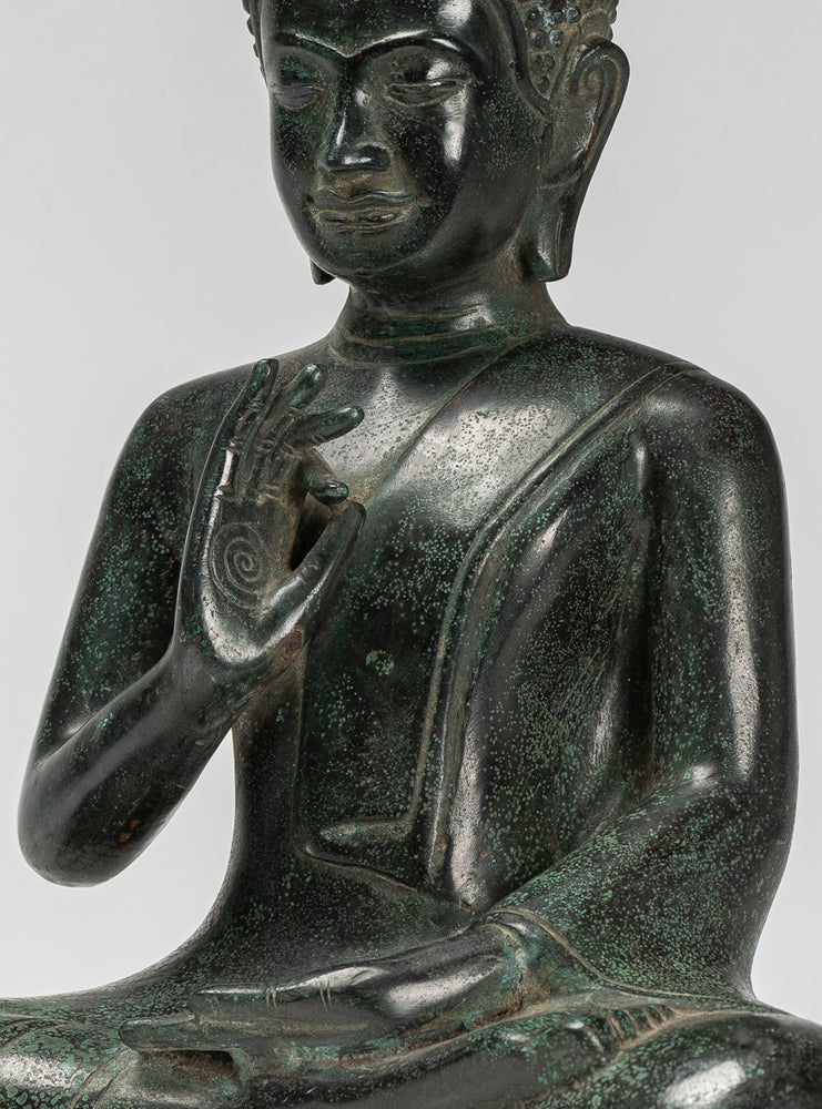 Buddha - Antique Khmer Style Bronze Seated Teaching Buddha Statue - 32cm/13"