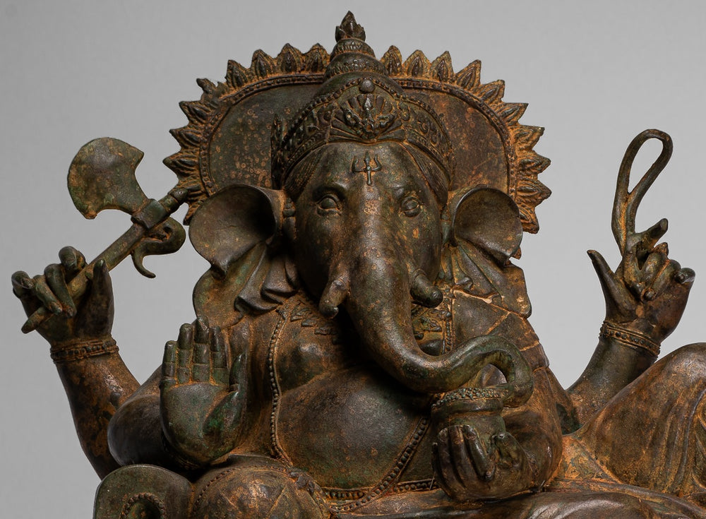 Ganesh - Antique Thai Style Bronze Reclining Ganesha Statue w/Mouse - 55cm/22"