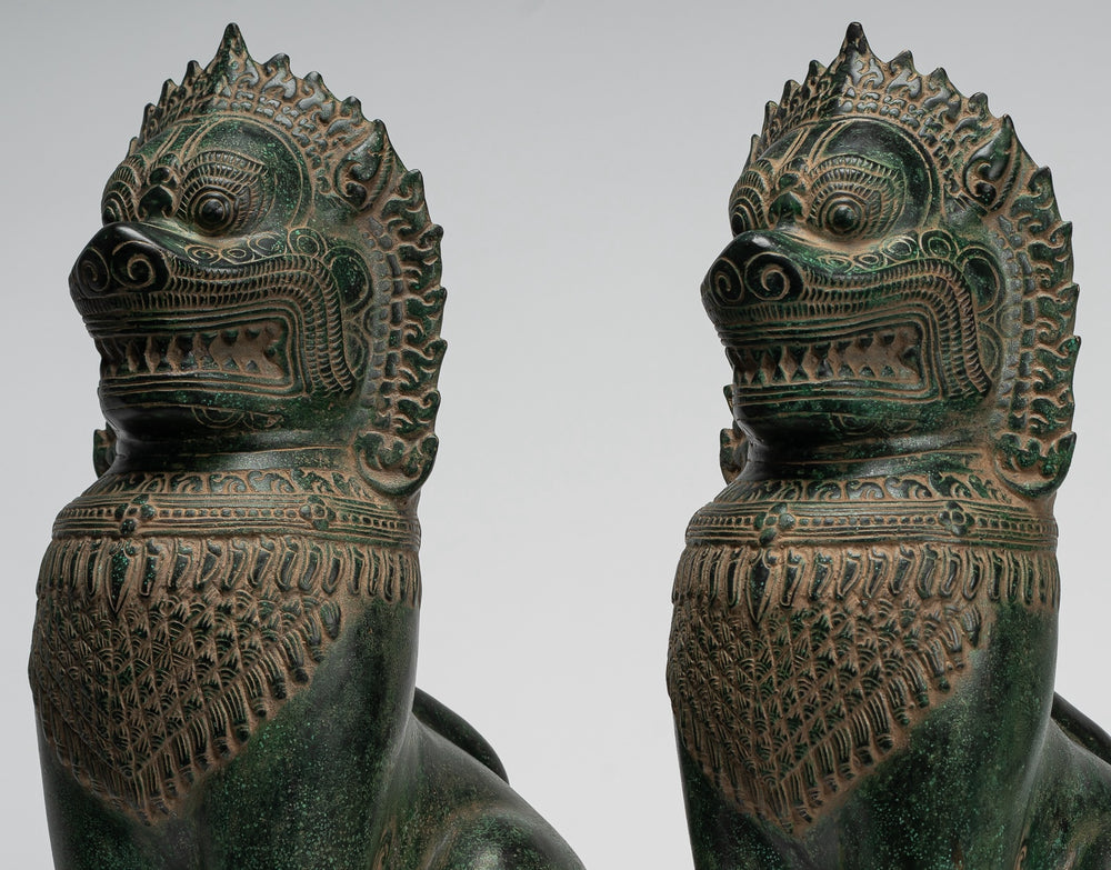 Temple Lions - Antique Khmer Style Bronze Standing Temple Guardians or Lions - 39cm/16"