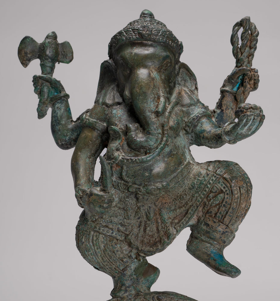 Ganesh - Statua danzante di Ganesh in bronzo in stile tailandese antico con topo - 28 cm/11"