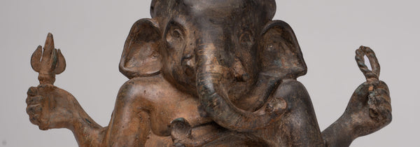 Ganesha Statue - Antique Thai Style Bronze Seated 4-Arm Ganesha Statue - 16cm/6"