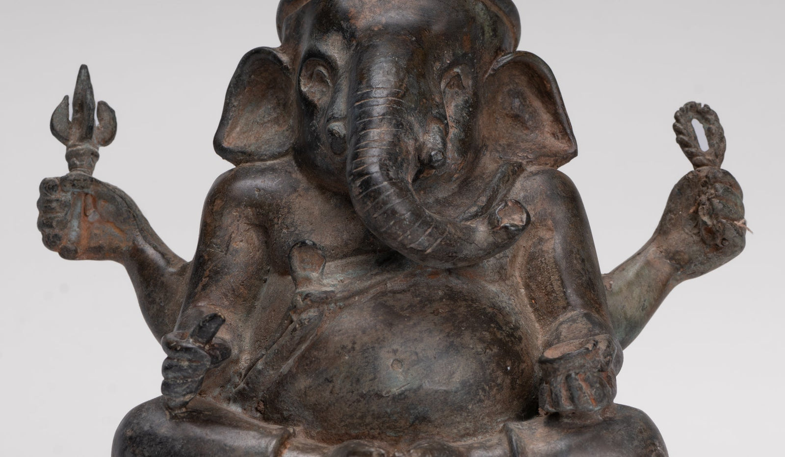 Ganesha Statue - Antique Thai Style Bronze Seated 4-Arm Ganesha Statue - 18cm/7"