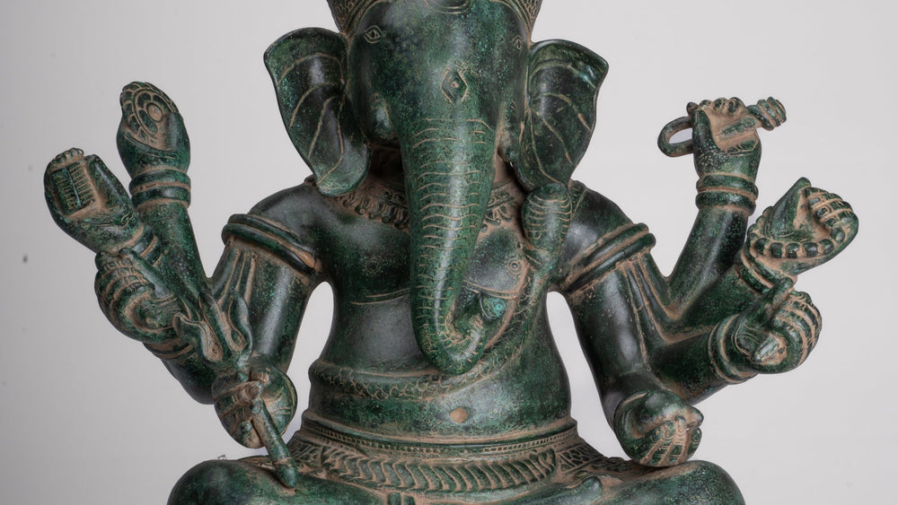 Ganesha Statue - Antique Khmer Style Enthroned Angkor Wat 8 Arm Ganesh Statue - 40cm/16"