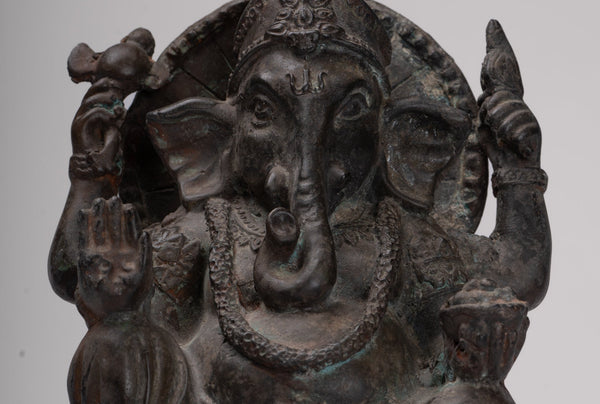 Ganesh - Antique Thai Style Bronze Seated Ganesha - 22cm/9"