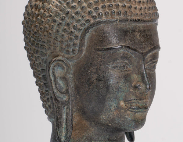 Buddha Statue - Antique Khmer Style Mounted Bronze Phnom Da Buddha Head Statue - 22cm/9"