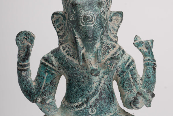 Ganesha Statue - Antique Khmer Style Angkor Wat Bronze Seated Four Arm Ganesh Statue - 14.5cm/6"