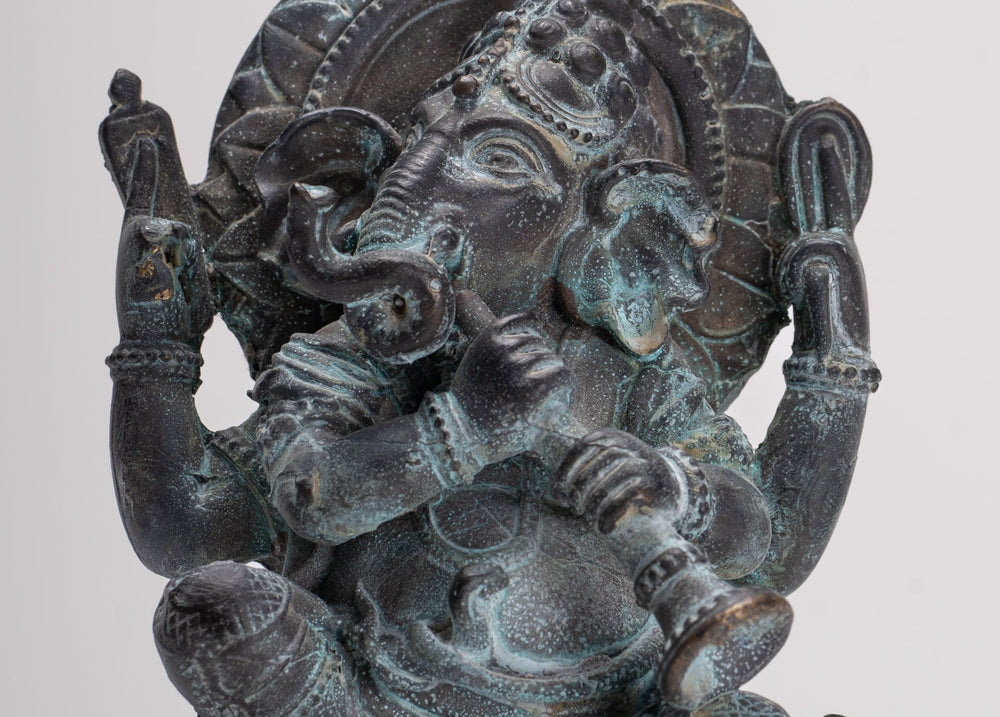 Ganesh - Antique Thai Style Bronze Seated Ganesh Statue - 15.5cm/6"