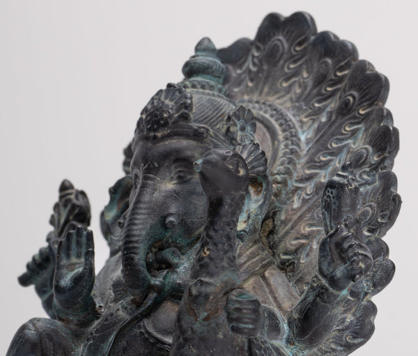 Ganesh - Antique Thai Style Bronze Seated Mayuresha Ganapathy Statue  - 13cm/5"