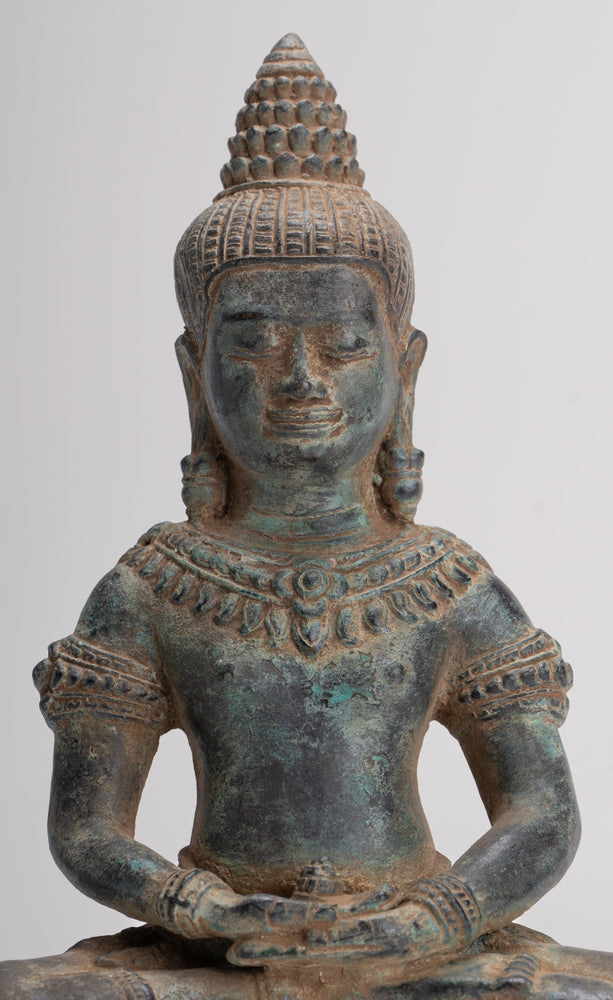 Buddha Statue - Antique Khmer Style Bronze Seated Meditation Bayon Buddha Statue - 22cm/9"