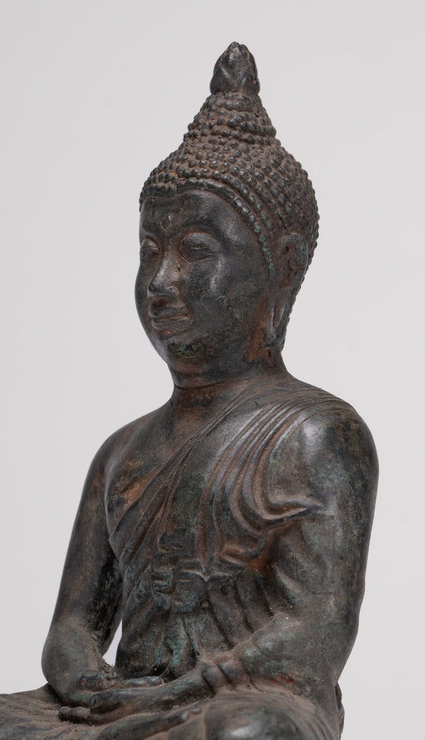 Antique Thai Style Bronze Chiang Saen Meditation Buddha Statue - 23cm/9"