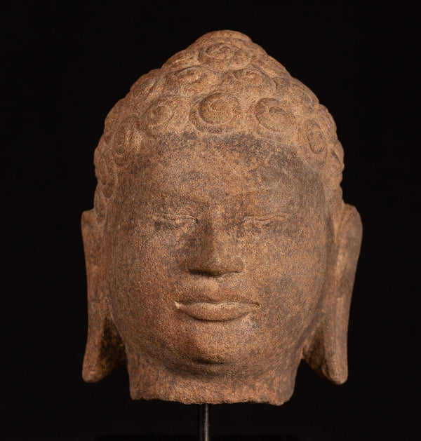 Antique Buddha Statue - 18th Century Thai Dvaravati Stone Buddha Head Statue - 23cm/9"