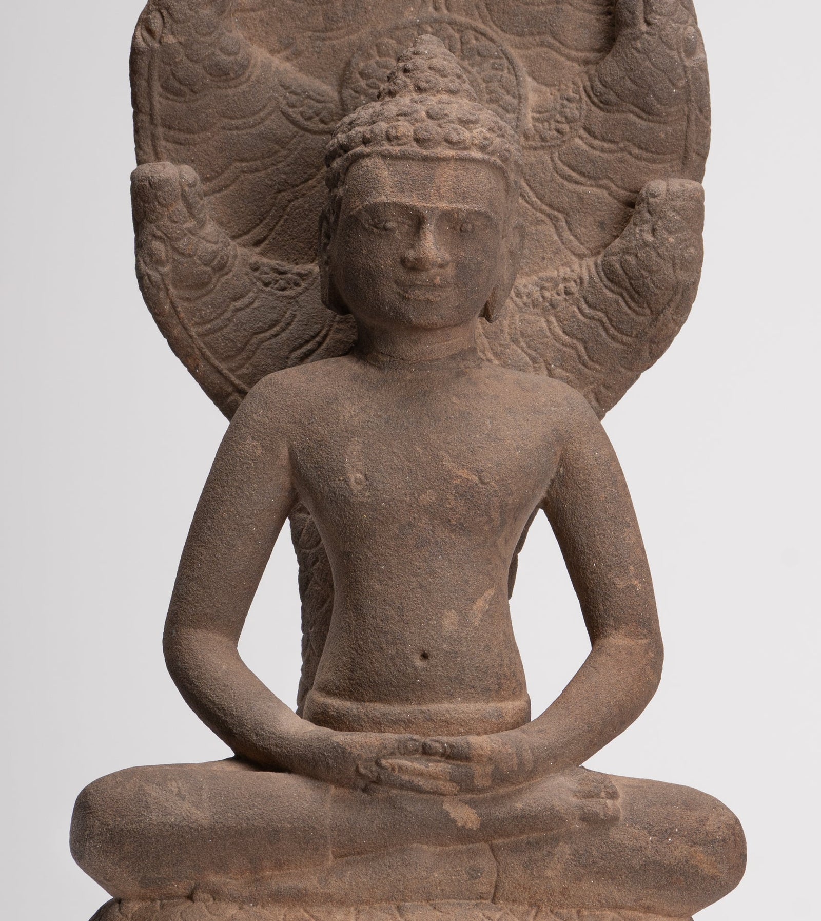 Statua di Buddha - Buddha da meditazione Naga in pietra tailandese in stile Dvaravati antico - 58 cm/23"