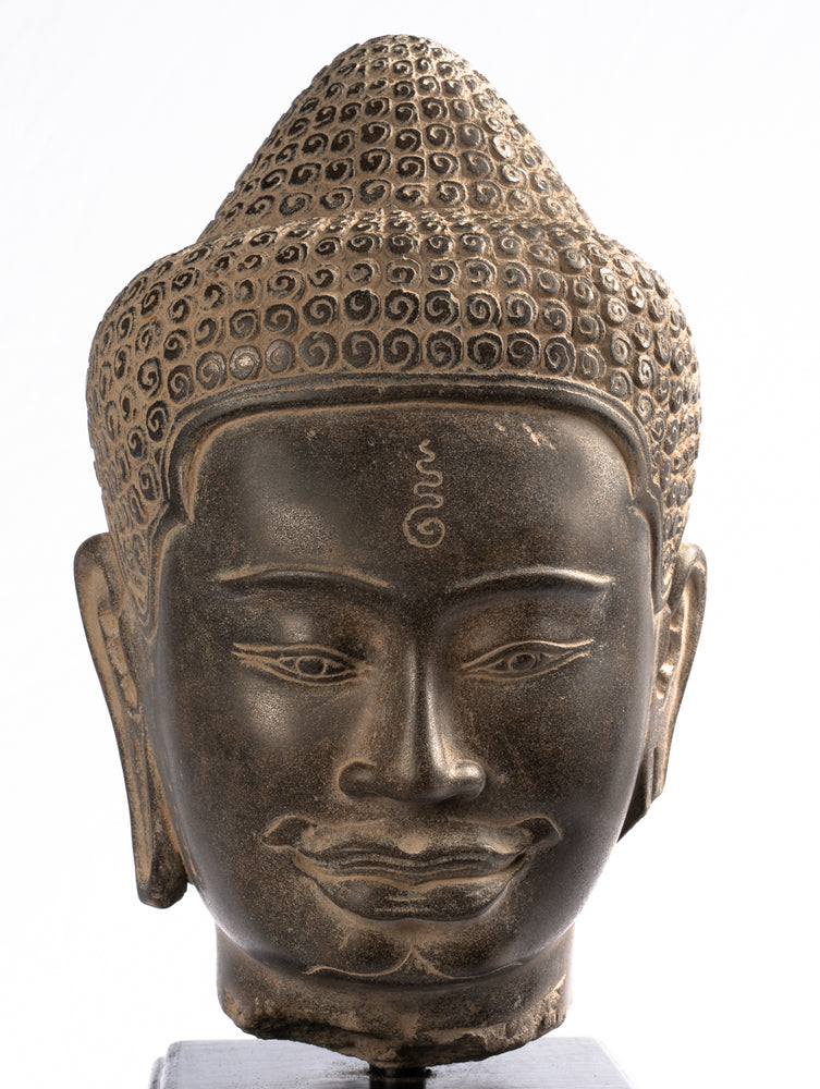 Shiva Statue - Antique Khmer Style Black Stone Shiva Head Statue - The Destroyer - 38cm/15"