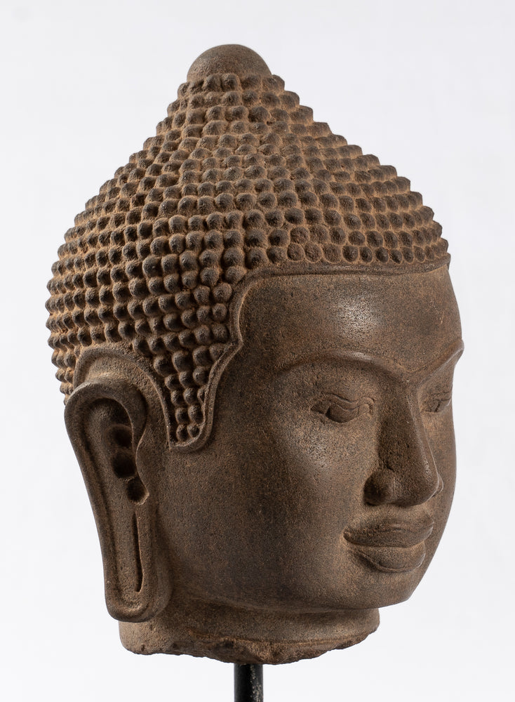 Antique Buddha Statue - Antique Phnom Da Style Mounted Stone Khmer Buddha Head - 23cm/9" Tall
