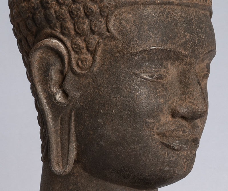 Buddha Statue - Antique Pre-Angkor Style Mounted Stone Khmer Buddha Head - 34cm/14" Tall