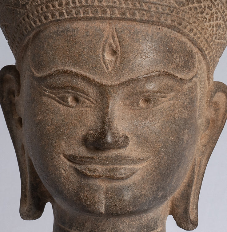 Buddha Statue - Antique Angkor Wat Style Stone Mounted Khmer Buddha Head - 39cm / 16"