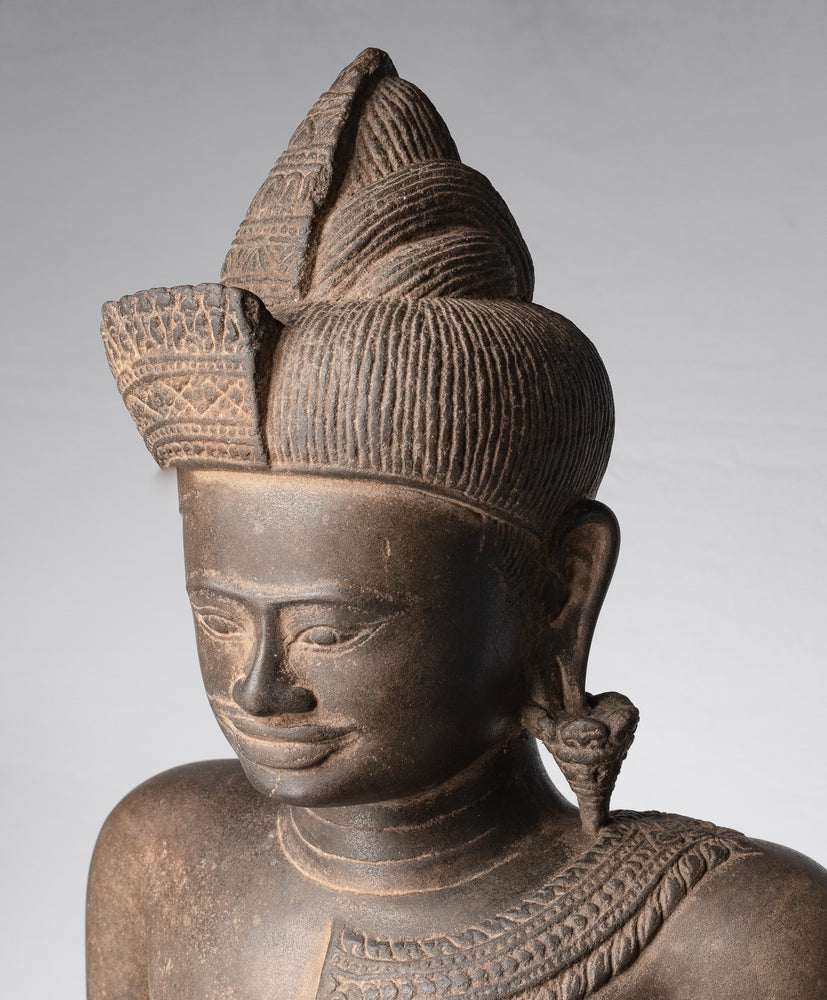 Ardhanarishvara Statue - Antique Angkor Wat Style Khmer Sandstone Standing Shiva Parvati Statue - 117cm/47"