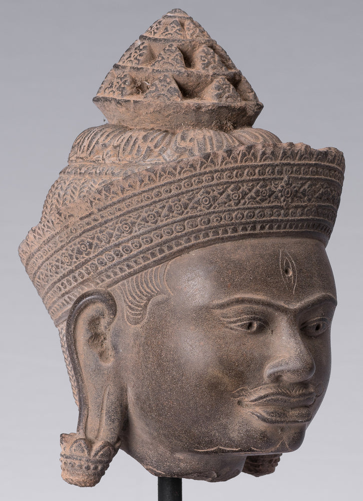 Shiva Statue - Antique Banteay Srei Style Khmer Stone Shiva Statue Head - Destroyer - 31cm/12"