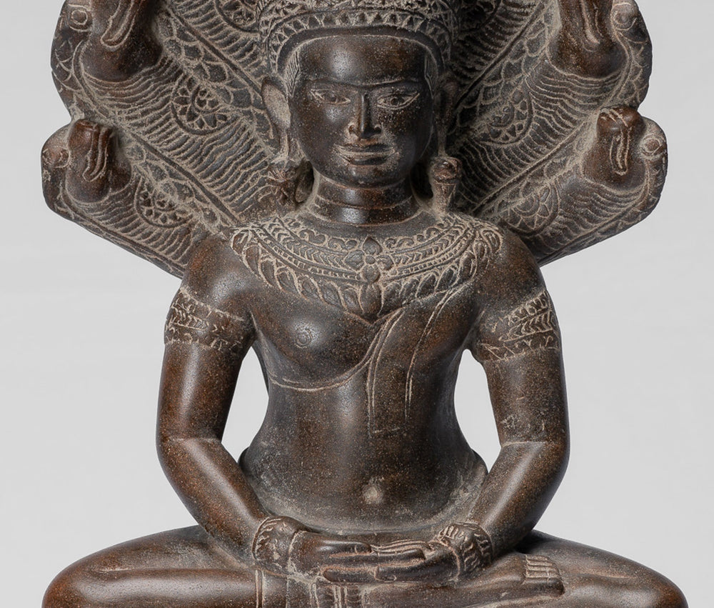 Buddha Statue - Antique Bayon Style Khmer Stone Seated Naga Meditation Buddha - 38cm/15"