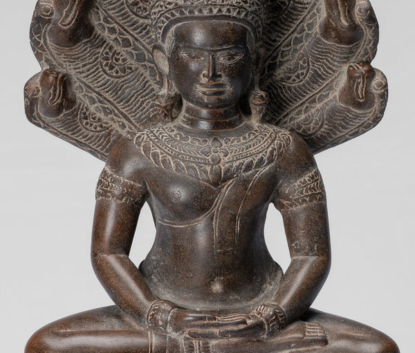 Buddha Statue - Antique Bayon Style Khmer Stone Seated Naga Meditation Buddha - 38cm/15"